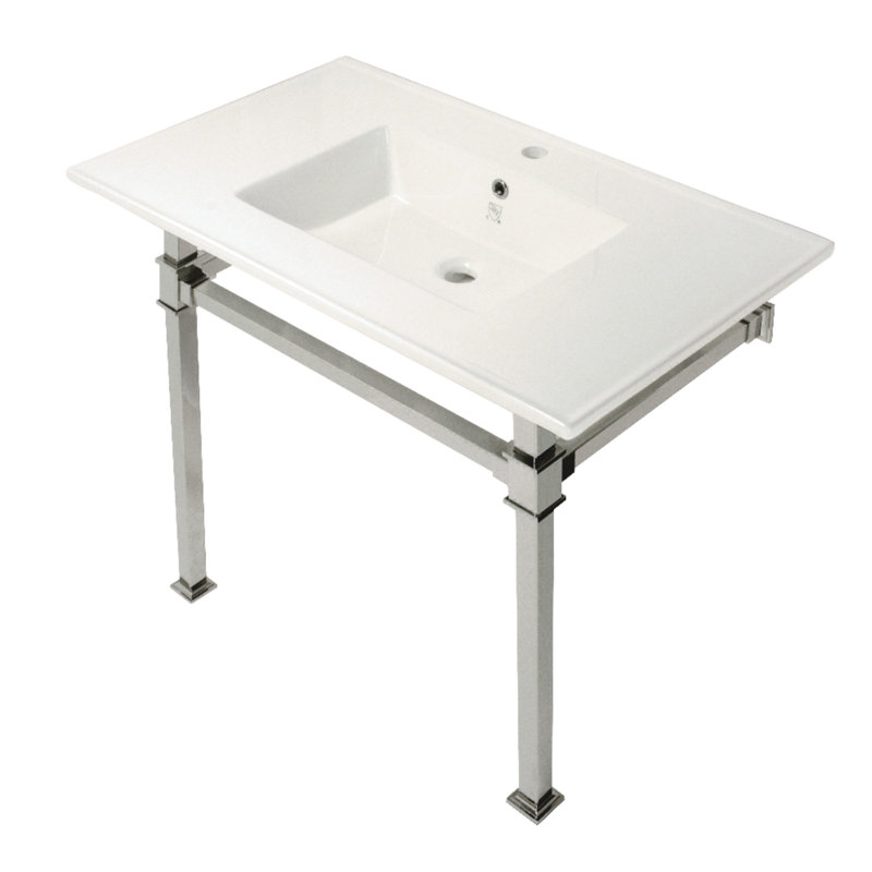 Kingston Brass Monarch 37-Inch Ceramic Console Sink with Stainless Steel Legs (1-Hole), White/Polished Nickel