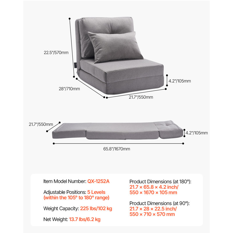Convertible Flip Chair with 5 Adjustable Position Folding Floor Lazy Sofa Grey