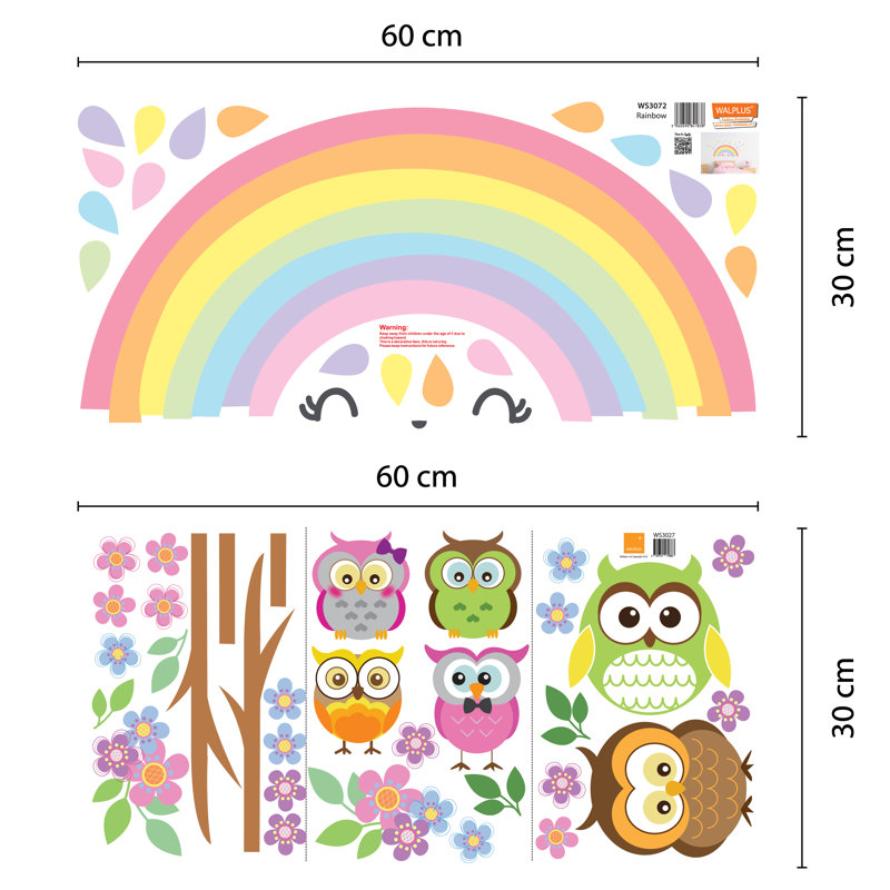 Décalcomanie murale arbre arc-en-ciel hibou