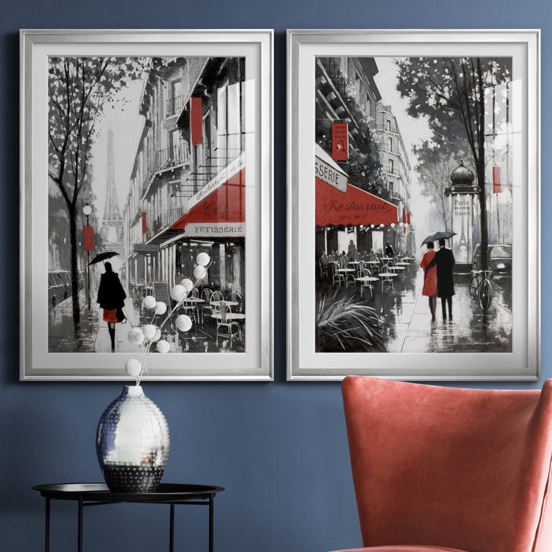«Rainy Paris I», ensemble de 2 reproductions d'art, H 26,5 po x l 73 po x P 1,5 po, Papier avec cadre argenté, Blanc