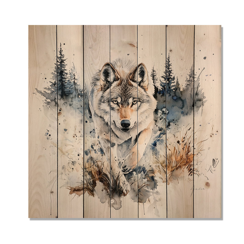 Loup qui court dans la forêt I - Art mural moderne sur bois de pin naturel, H 30 po x l 30 po