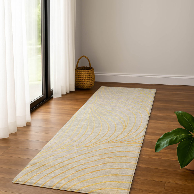Premium Machine Washable Mayfield AMF2107 Swirls Rug, Gold, 2'3" x 7'6" Runner