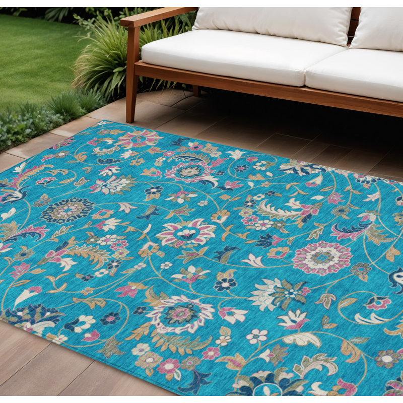 Tapis extérieur lavable floral bleu sarcelle ivoire et rose 8 pi x 10 pi
