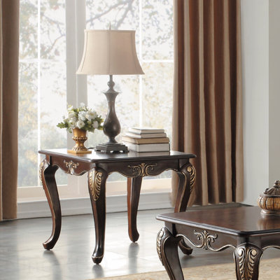 1Pc Formal Traditional Dark Cherry Finish End Table With Gold Tipping Elegant Design