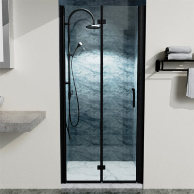 34 To 35-3/8 In. W X 72 In. H Bi-Fold Semi-Frameless Shower Doors In Matte Black With Clear Glass