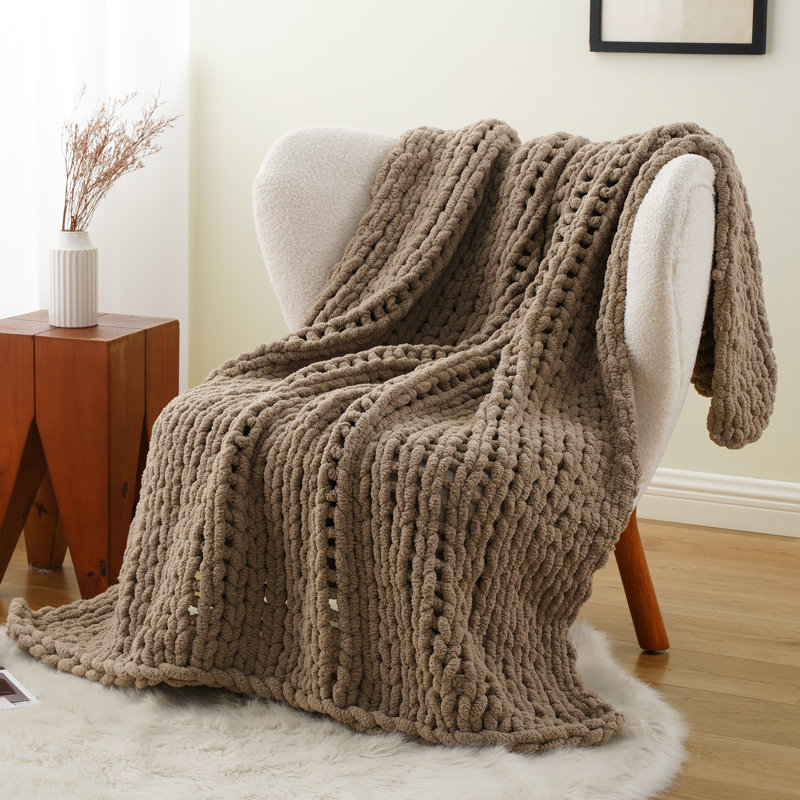 Jeté épais en tricot, jeté doux et épais en chenille, jeté en tricot fait à la main 50 po x 60, Taupe