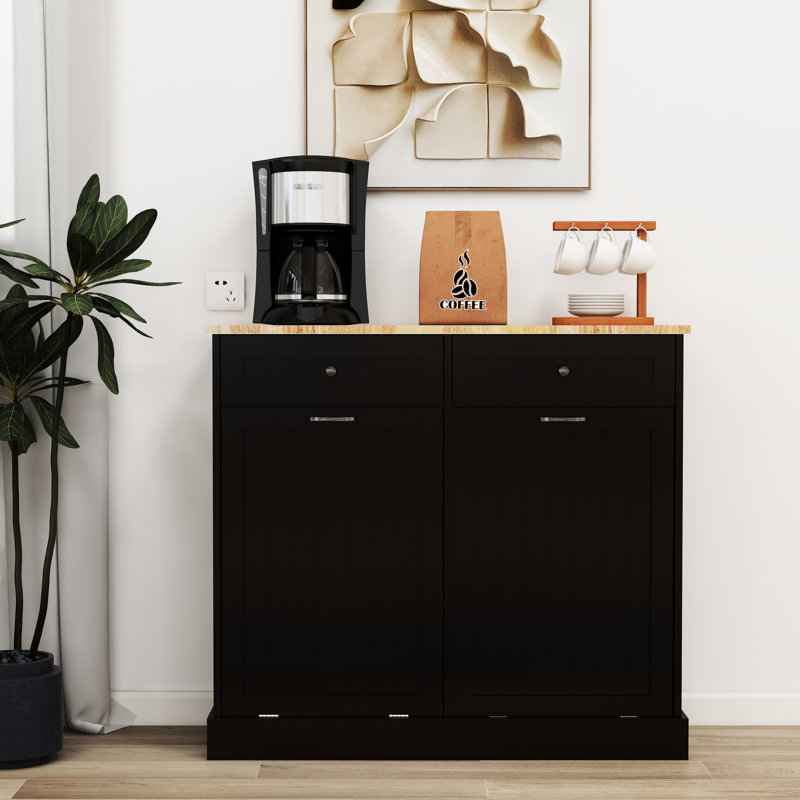 Armoire à déchets noire - deux compartiments, unité de rangement moderne à deux poubelles, design