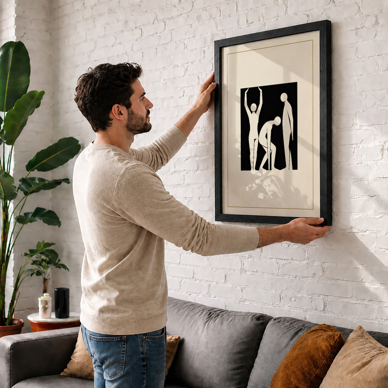 Three Figures in Motion Minimalist - Framed Print, A4 - 29.7 x 21.0 cm, Oak