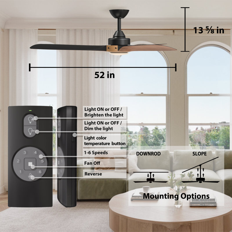 Matte Black and Distressed Koa 52" Ceiling Fan with LED Light and Remote