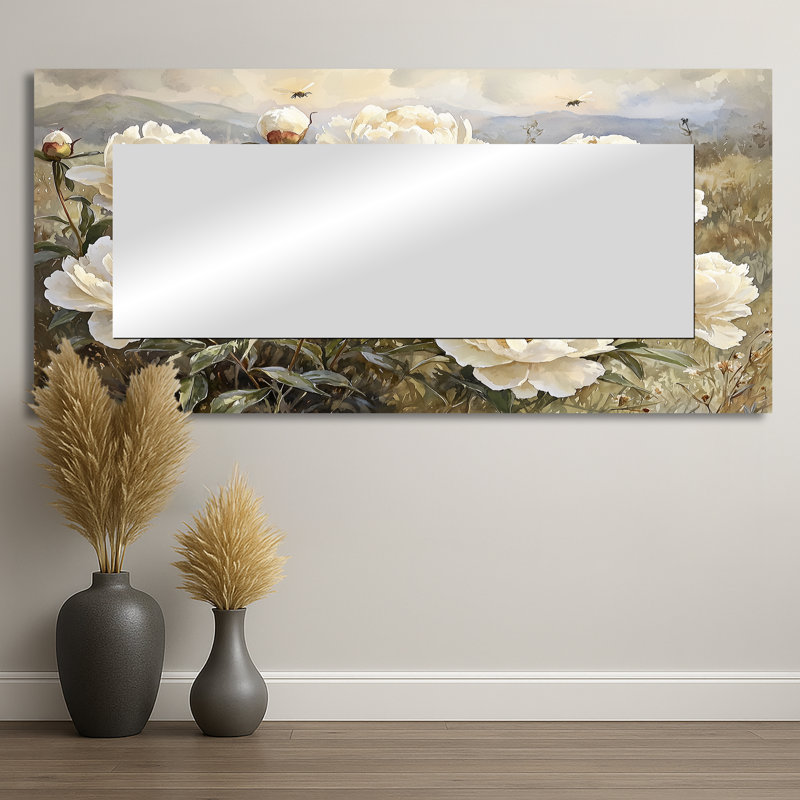 Peonies Near The Beehives II - Floral Mirror For Wall Art Decor - Printed On Metal, 28" x 60"