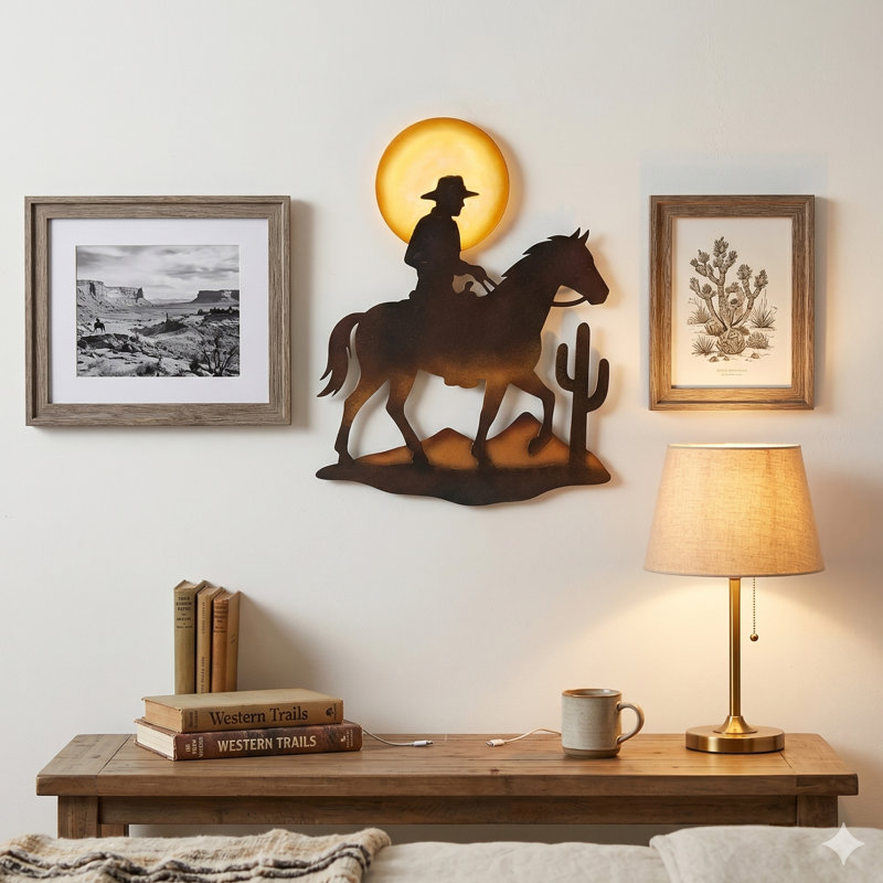 Art mural rustique en métal Cowboy and Horse