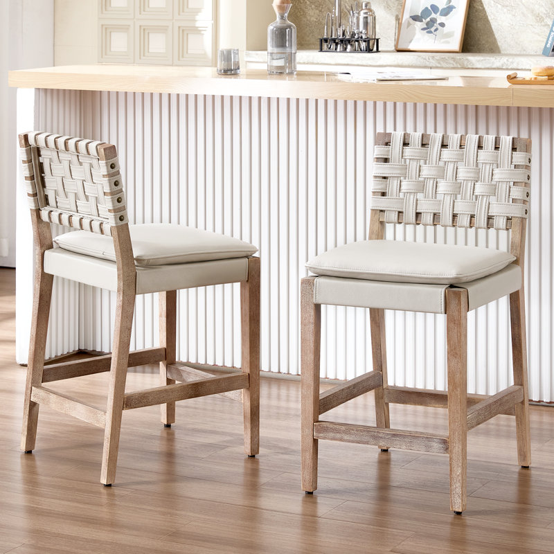 Stylishly Chic Mid-Century Modern Faux Leather Bar Stool - Perfect Counter Height Chair with Elegant Footrest and Woven Faux Leather Back for Your Kitchen