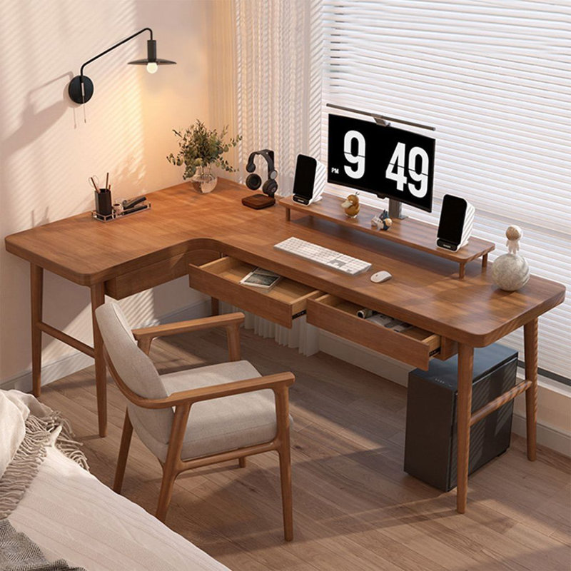 Bureau d'écriture brun en L en bois massif avec 3 tiroirs, H 29,53 po x l 55,12 po x P 39,37 po, Retour à gauche
