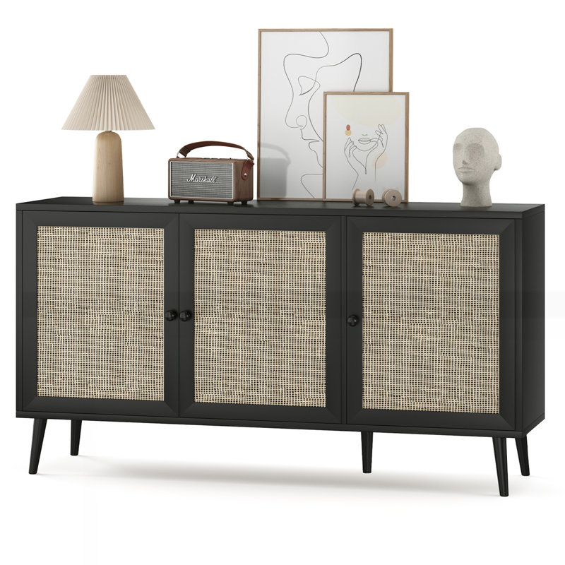 Sideboard Buffet Cabinet with 3 Rattan Doors, Black
