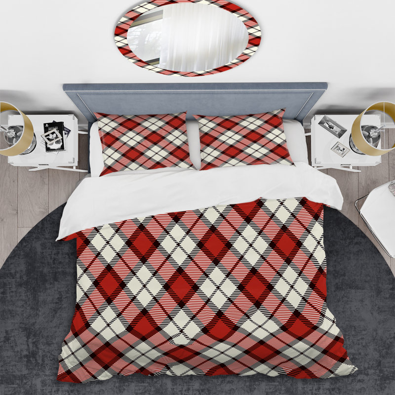 Tartan à carreaux rouge et blanc - Ensemble de housse de couette abstrait - Microfibre de polyester
