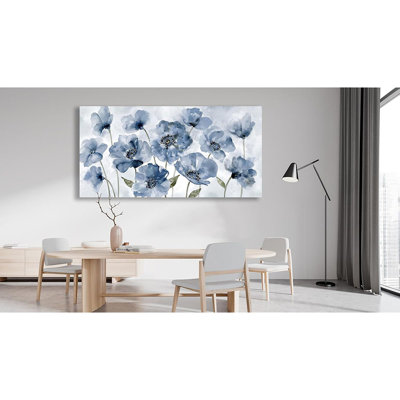 Grandes fleurs, art mural bleu sur toile pour une esthétique esthétique de la fleur rétro bleu clair, reproduction d'art botanique rustique, décoration murale pour la chambre à coucher, 24 po x 48 po