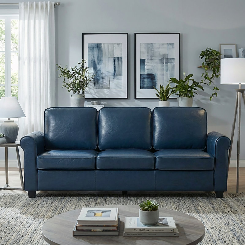 83" W Wide 3-Seater Upholstered Sofa Faux Leather Rolled Arms Couch, Blue