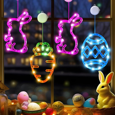 4Pack Easter Window Lights Decorations With Timer, Battery Powered Hanging Pink Orange Green Blue Lighted Bunny Carrot Egg Shaped Sucker LED Lamp For 2024 Holiday Indoor Home Decor