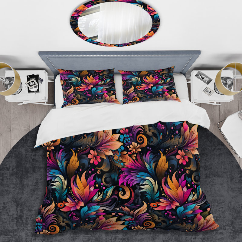 Literie rose et mauve à motif de damas, Housse de couette pour grand lit et 2 taies décor