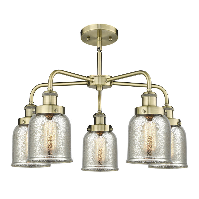 Lustre en verre à 5 lumières Bell, Laiton antique, Argent mercuré plaqué