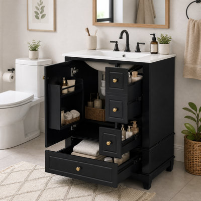 Meuble-lavabo 24 po avec lavabo en céramique, pieds en bois massif, 1 armoire et tiroirs, charnières à fermeture en douceur, noir