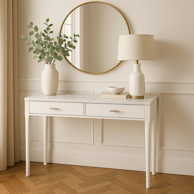 Roberto 36" Rectangle Italian Carrara White Marble Console Table With White Legs