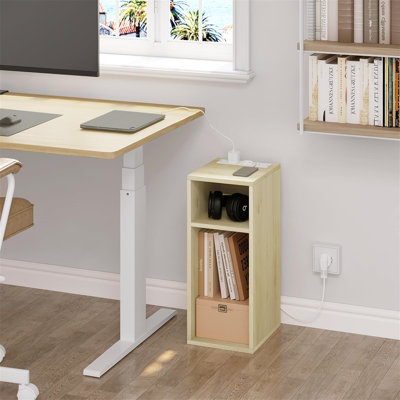 Nightstand With Charging Station For 2 Sockets And 2 USB Ports, Light Wood Side Table With 2 Open Compartments, Narrow Table For Living Room And Bedroom