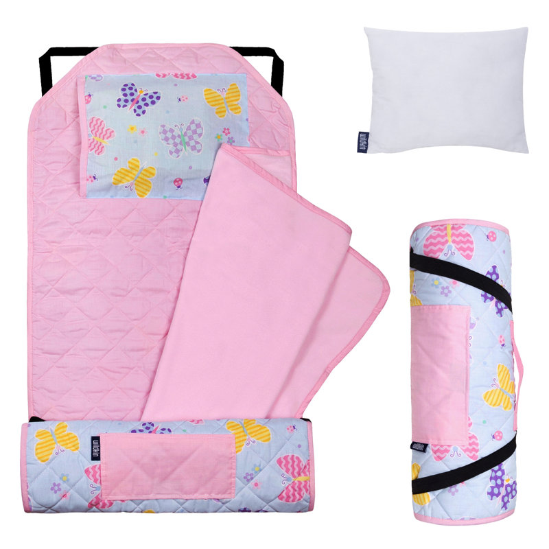Wildkin Modern Kids Nap Mat – Soft Cotton Blend with Pillow & Elastic Straps for School & Travel - Butterfly Garden