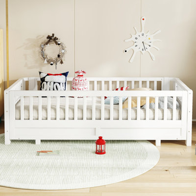 Twin XL Size Platform Bed with Guardrails, Solid Wood Twin XL Bed Frame, Can Be Converted into a Queen Platform Bed