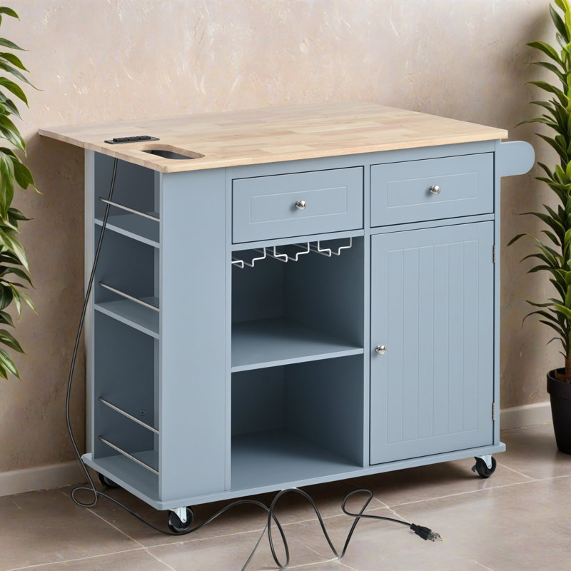 Îlot de cuisine 39,82 po avec prise de courant, chariot de rangement roulant avec abattant pour la maison, la cuisine et la salle à manger