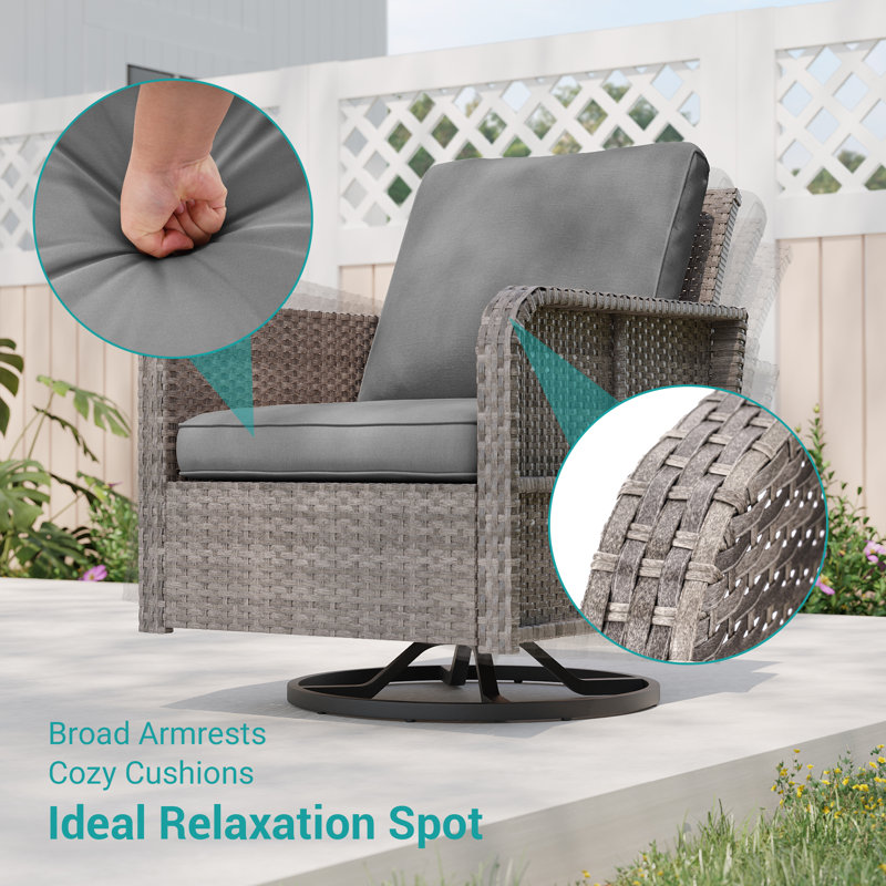 Ensemble de conversation de patio 3 pièces avec coussin et chaises berçantes pivotantes, Gris