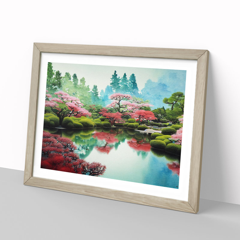 Watercolour Japanese Garden Pond Vol.1 - Single Picture Frame Print, 46cm H x 64cm W x 2cm D, Oak