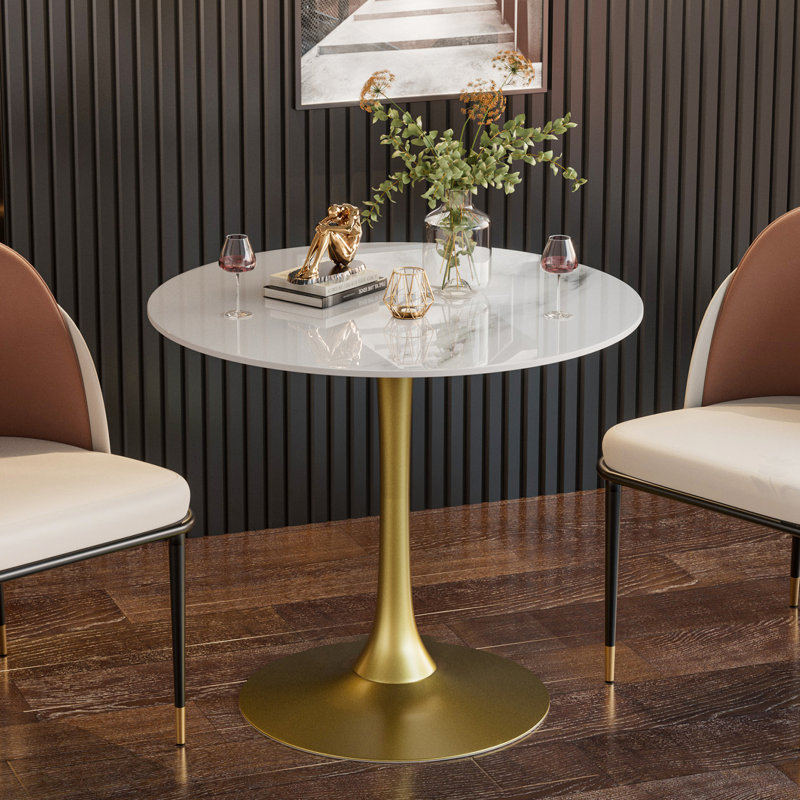 Cleofus Round Metal Base Dining Table, Gold, Glossy White, 30.9" H x 29.92" L x 29.92" W