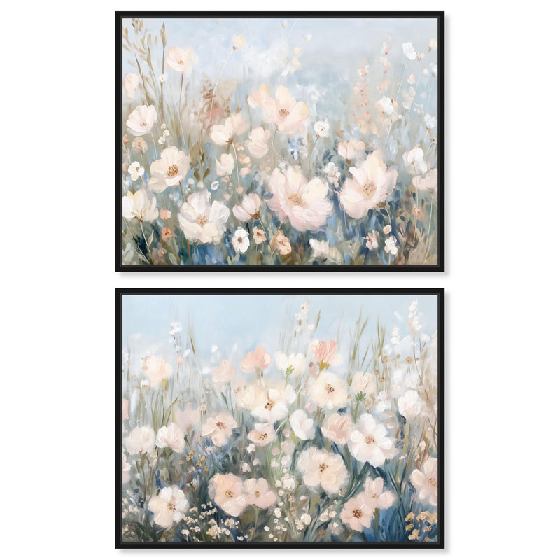 «Blush Pink Dreamscape», ensemble de toiles à motif floral par Art Remedy, Structure noire, H 21 po x l 25 po
