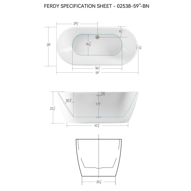 Bali 55" x 28" Freestanding Soaking Acrylic Bathtub with Mattle Black Drain