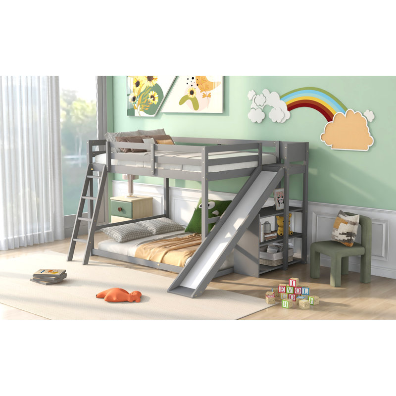 Rustic Bunk Bed With Slide And Guardrail, Gray