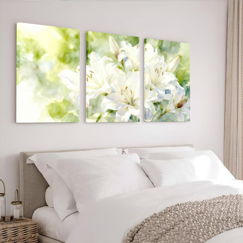 «White Lily», ensemble de 3 panneaux, impression botanique moderne pour décor de salon ou de chambre à coucher, 24" H x 48" W
