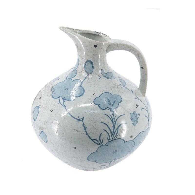 10.5X10.5X12" Bulbous Blue And White Ceramic Pitcher Vase With Abstract Floral Pattern