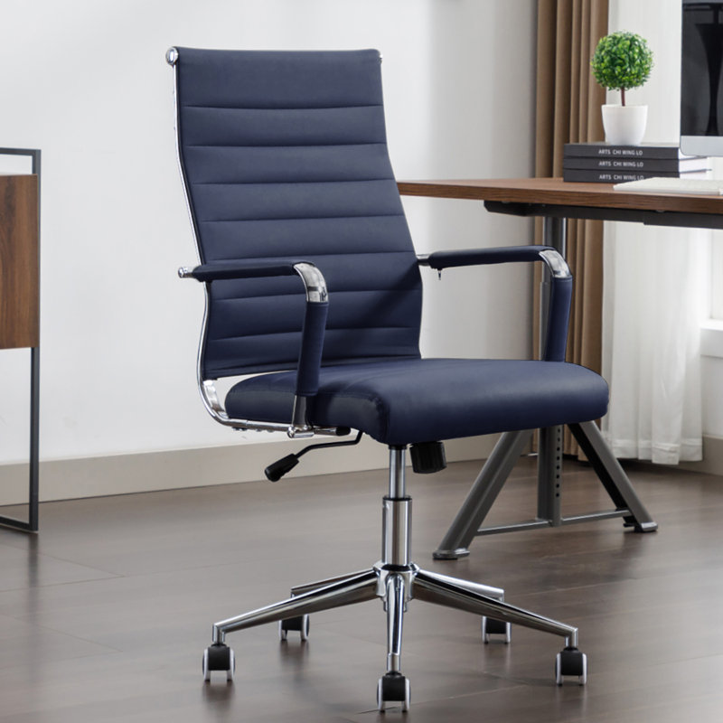 Mid Back Office Desk Chair, Conference Room Chairs with Wheels, Executive Leather Swivel Ribbed Height Adjustable  Rolling Chair.