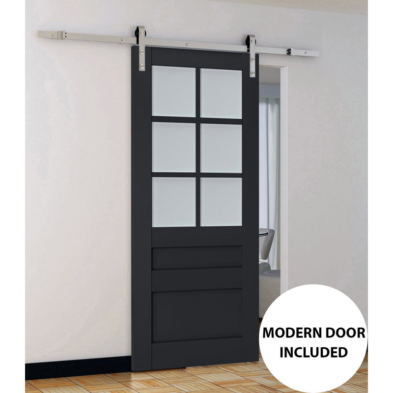 Porte de grange robuste en verre dépoli Veregio 7339 Anthracite, rail de 2 m (6,6 pi), quincaillerie robuste, porte intérieure à panneau plein - 107 cm x 203 cm (42 po x 80 po) - Rail argenté