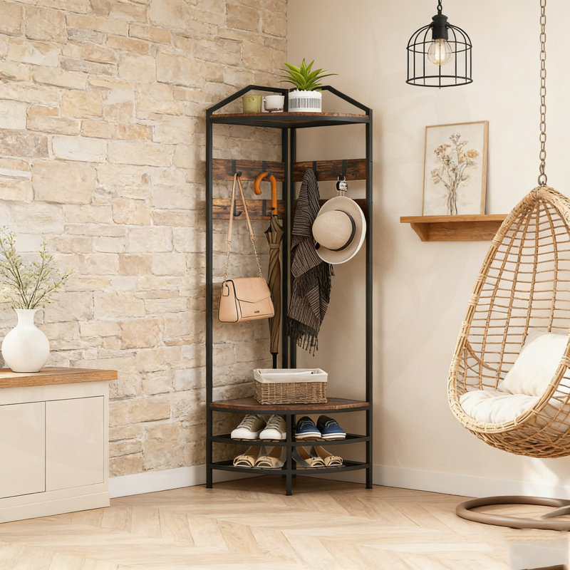 Industrial Corner Hall Tree With 8 Movable Hooks, Shoe Storage, And 2 Shelves For Space-Saving Entryway Organization.