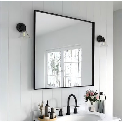 60x28 Inch Bathroom Mirror, Rectangular Black Aluminum Framed Wall Mirror
