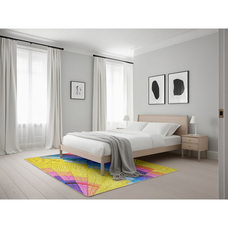 Tapis jaune/bleu/orange à motifs, Rectangle 5 pi x 7 pi