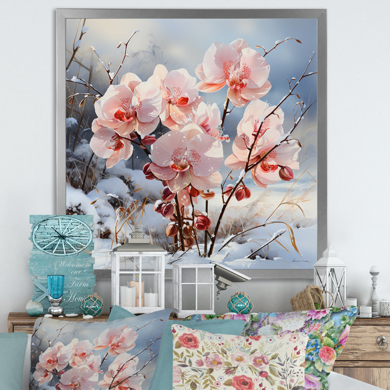 Charme d'orchidées roses en hiver, H 36 po x l 36 po x P 1,5 po, Cadre simple argenté