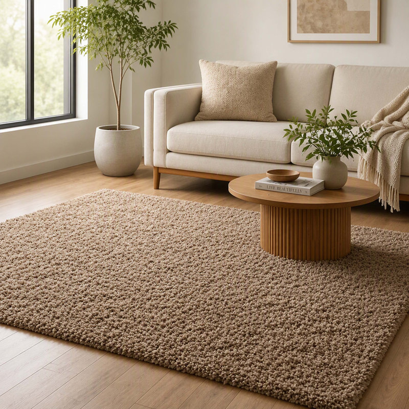 Tapis à poil long moelleux et moelleux de couleur café, tapis moderne de 7,5 x 9,5 pieds avec une taille de 89 x 113 pouces