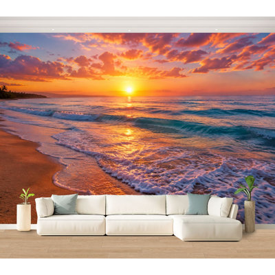 Wall Mural Peel and Stick Wallpaper Vibrant Beach Sunrise Colorful Sky Ocean Waves Self-Adhesive Removable Contact Paper Wall Decor for Living Room Bedroom 100"H x 144"W
