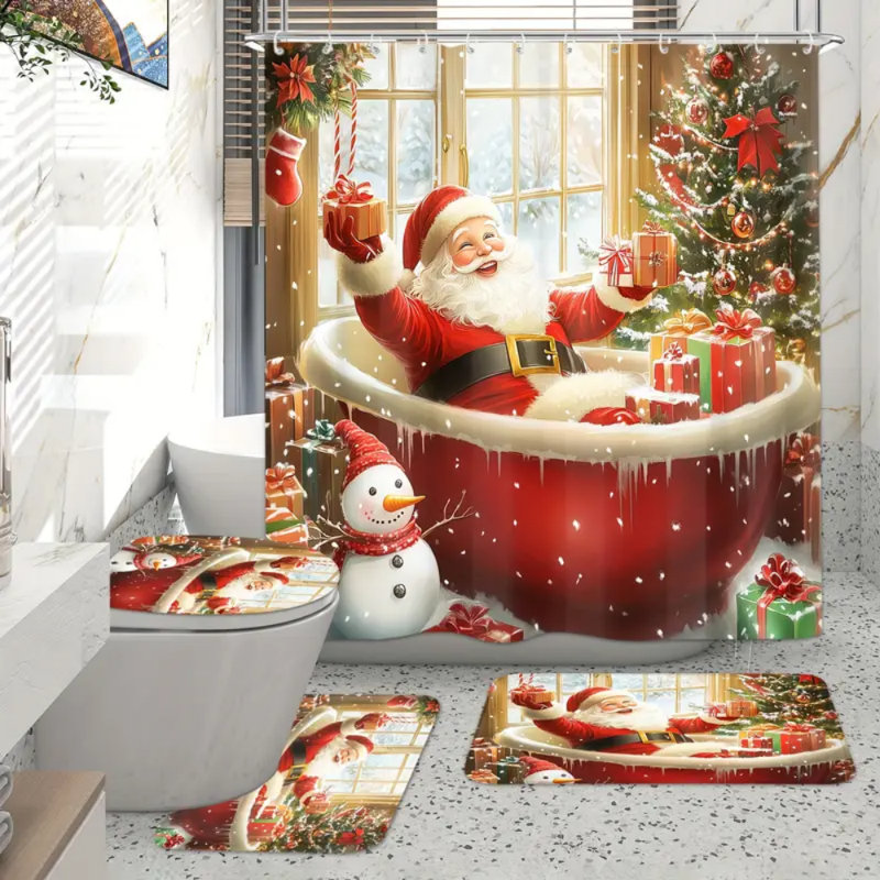 Ensemble de rideau de douche 4 pièces Père Noël et cadeaux Merry Christmas