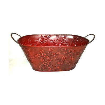 Red Metal With Holly Print Oval Bucket