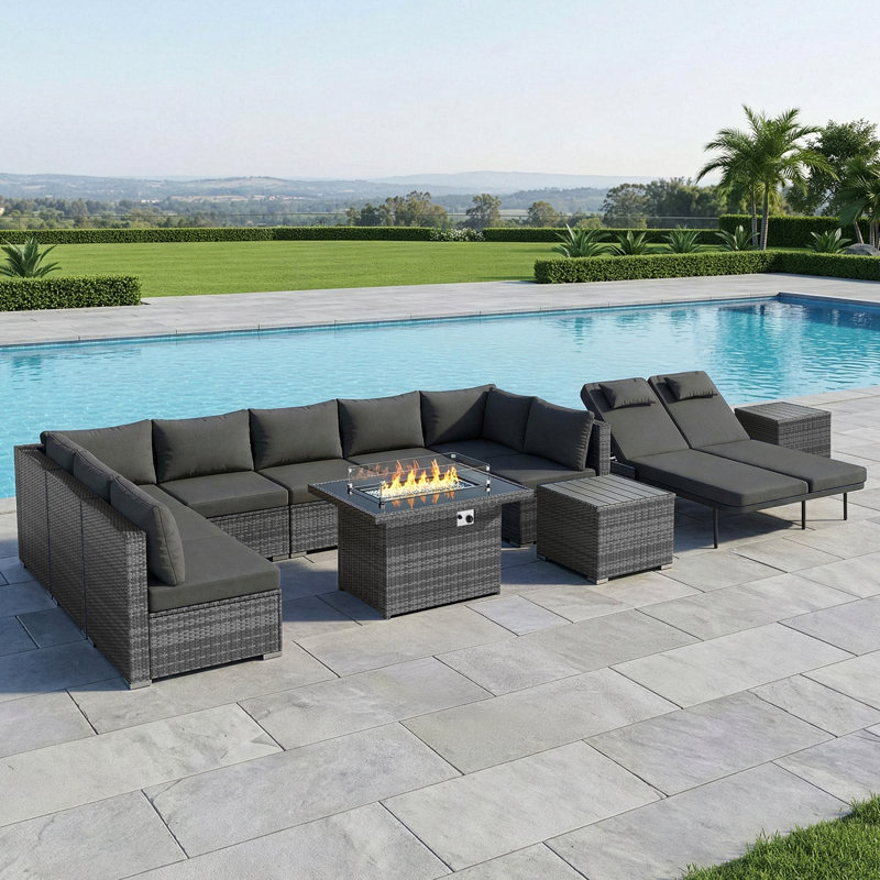 12-Piece Outdoor Conversation Seating Sectional Set With Fire Pit Table And Double Chaise Lounge, Dark Gray