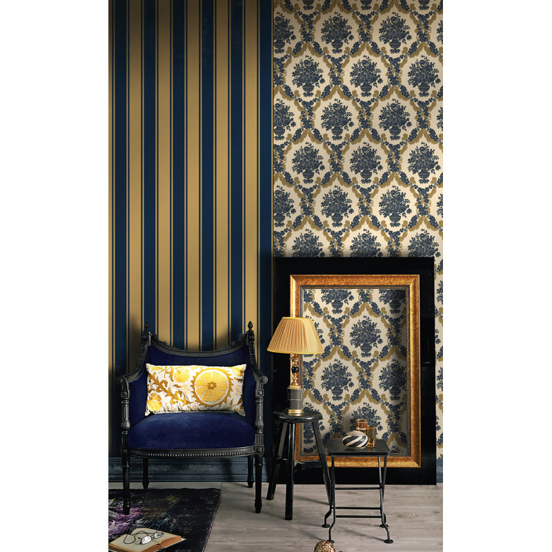 Elgin Classic Stripe Design Embossed Satin 10m x 53cm Wallpaper Roll, Blue/Gold